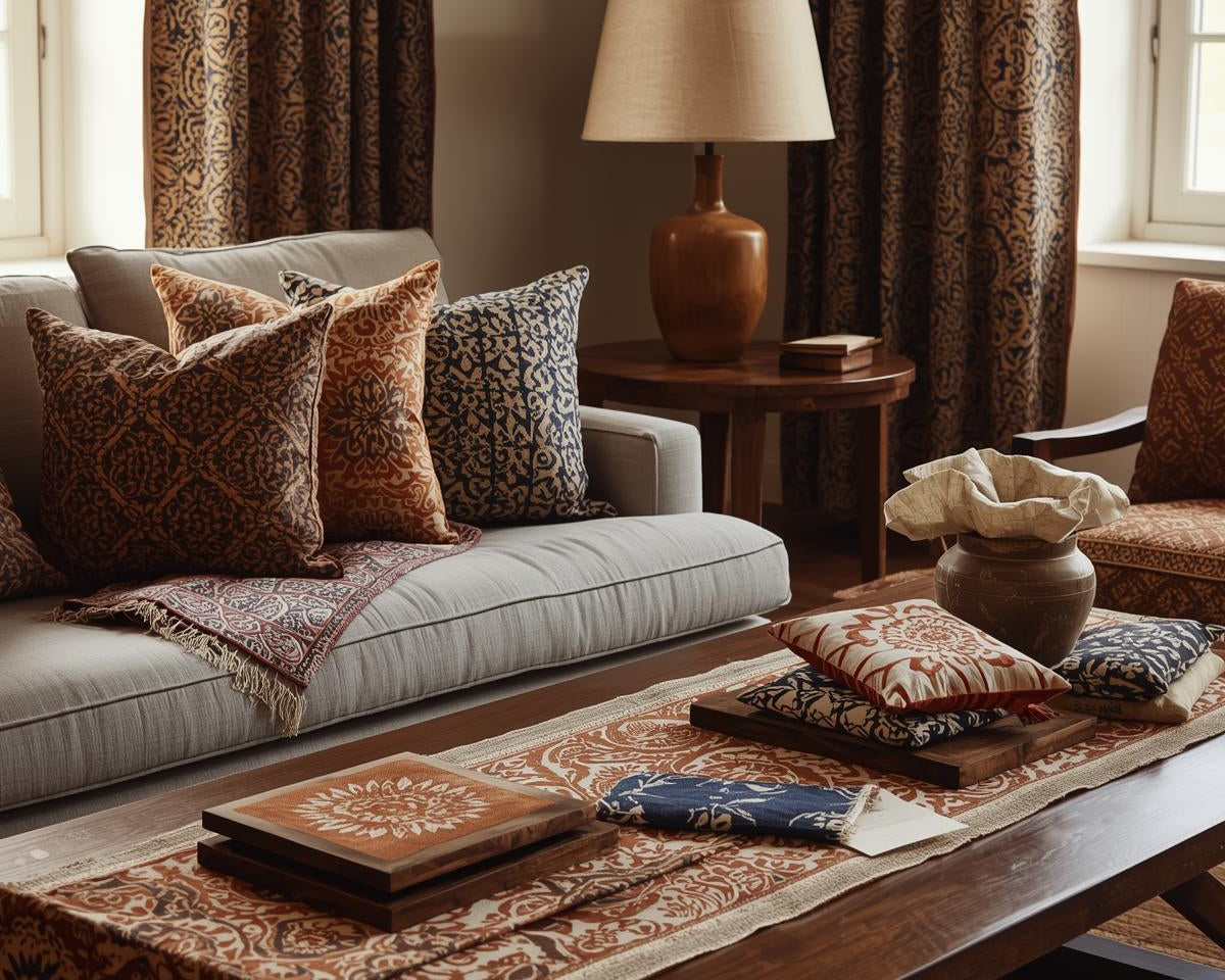 Handcrafted woodblock printed pillows, curtains, and lampshades in a modern USA living room, showcasing the return of traditional block printing in 2025 home décor.
