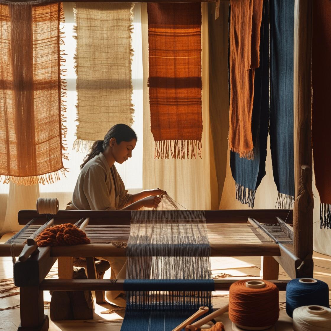 A serene and authentic artisan workshop filled with handloom fabrics, yarns, and weaving tools.