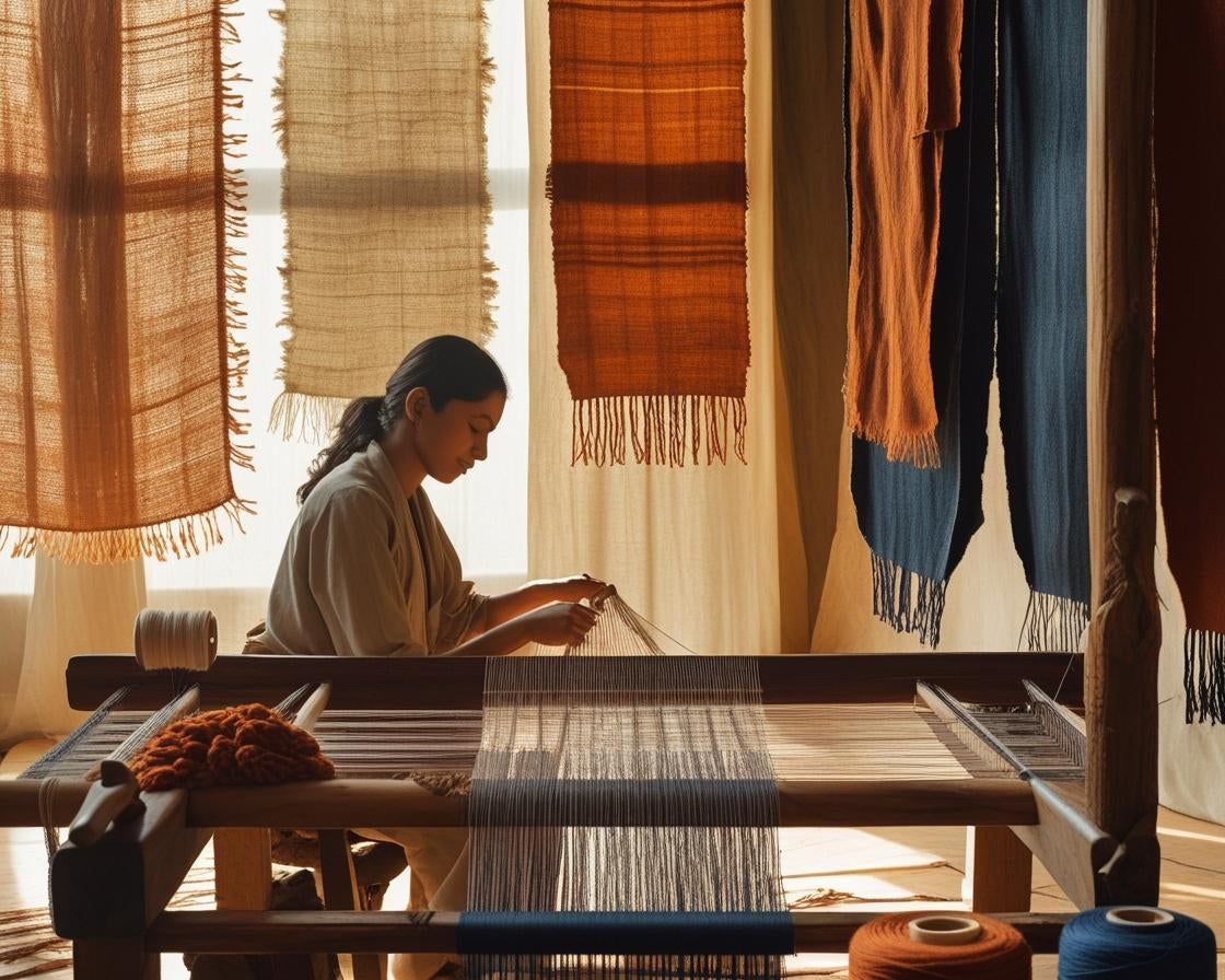 A serene and authentic artisan workshop filled with handloom fabrics, yarns, and weaving tools.