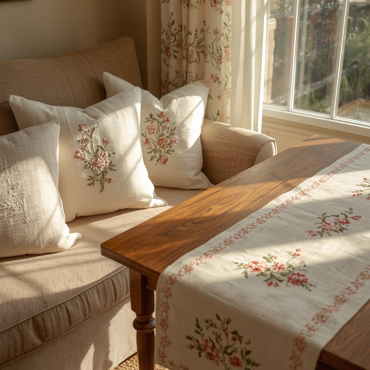Sunlit living room with embroidered pillows and curtains, showing rich handmade textures