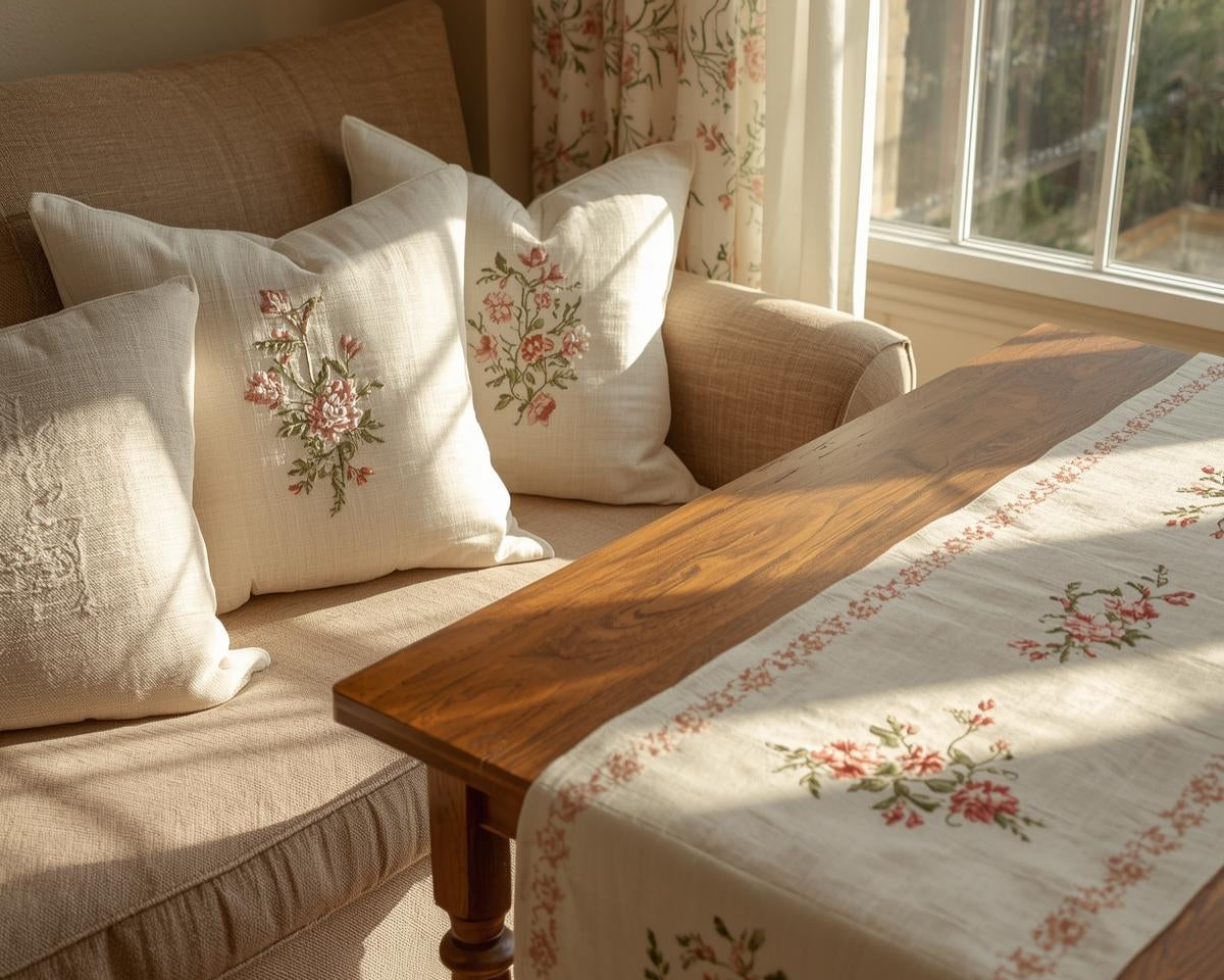 Sunlit living room with embroidered pillows and curtains, showing rich handmade textures