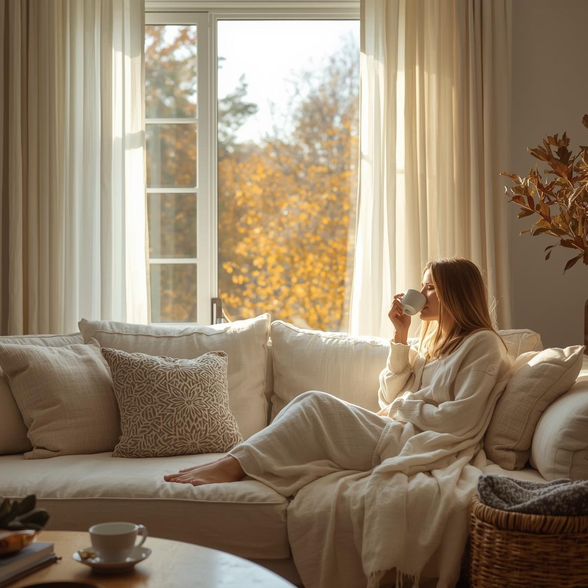 Cozy autumn living room with white linen fabric curtains and sofa, golden fall leaves outside, creating a warm and airy home atmosphere.