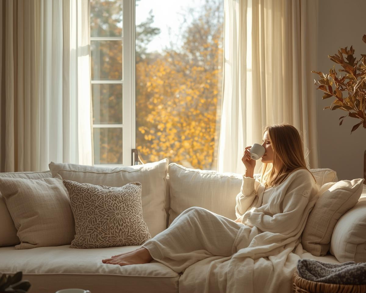 Cozy autumn living room with white linen fabric curtains and sofa, golden fall leaves outside, creating a warm and airy home atmosphere.