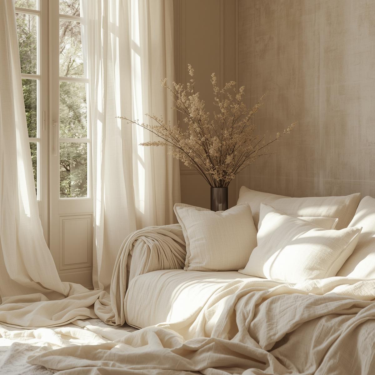 A sunlit, cozy interior with cream linen fabric draped over furniture, creating an airy and inviting atmosphere.