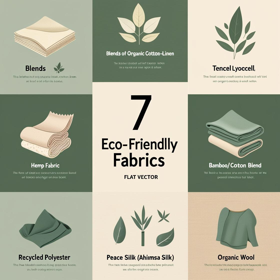 seven eco-friendly fabrics with icons and earthy tones, including organic cotton-linen blends, hemp, and peace silk.