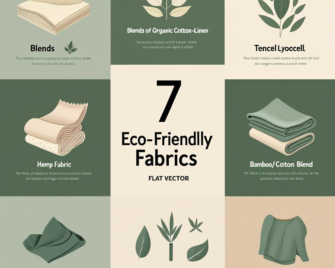 seven eco-friendly fabrics with icons and earthy tones, including organic cotton-linen blends, hemp, and peace silk.