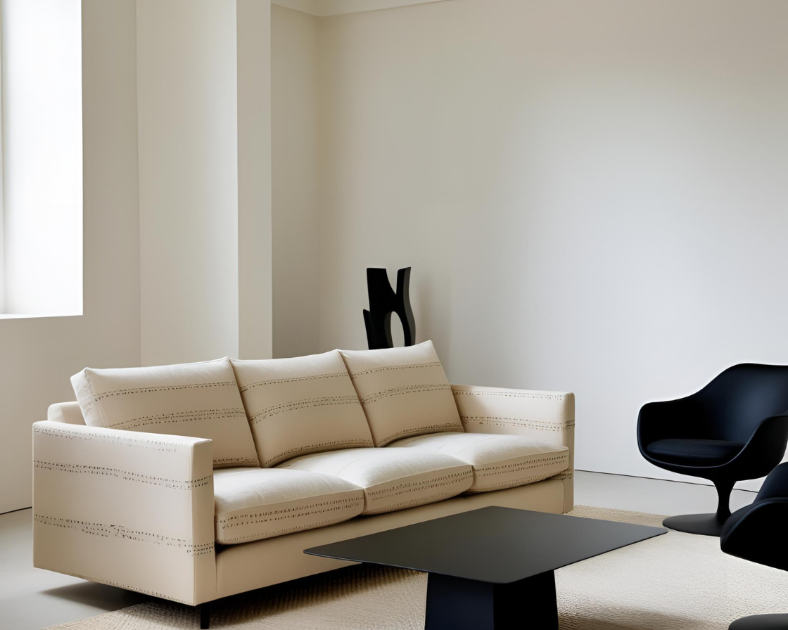 A minimalist modern living room with soft natural lighting.