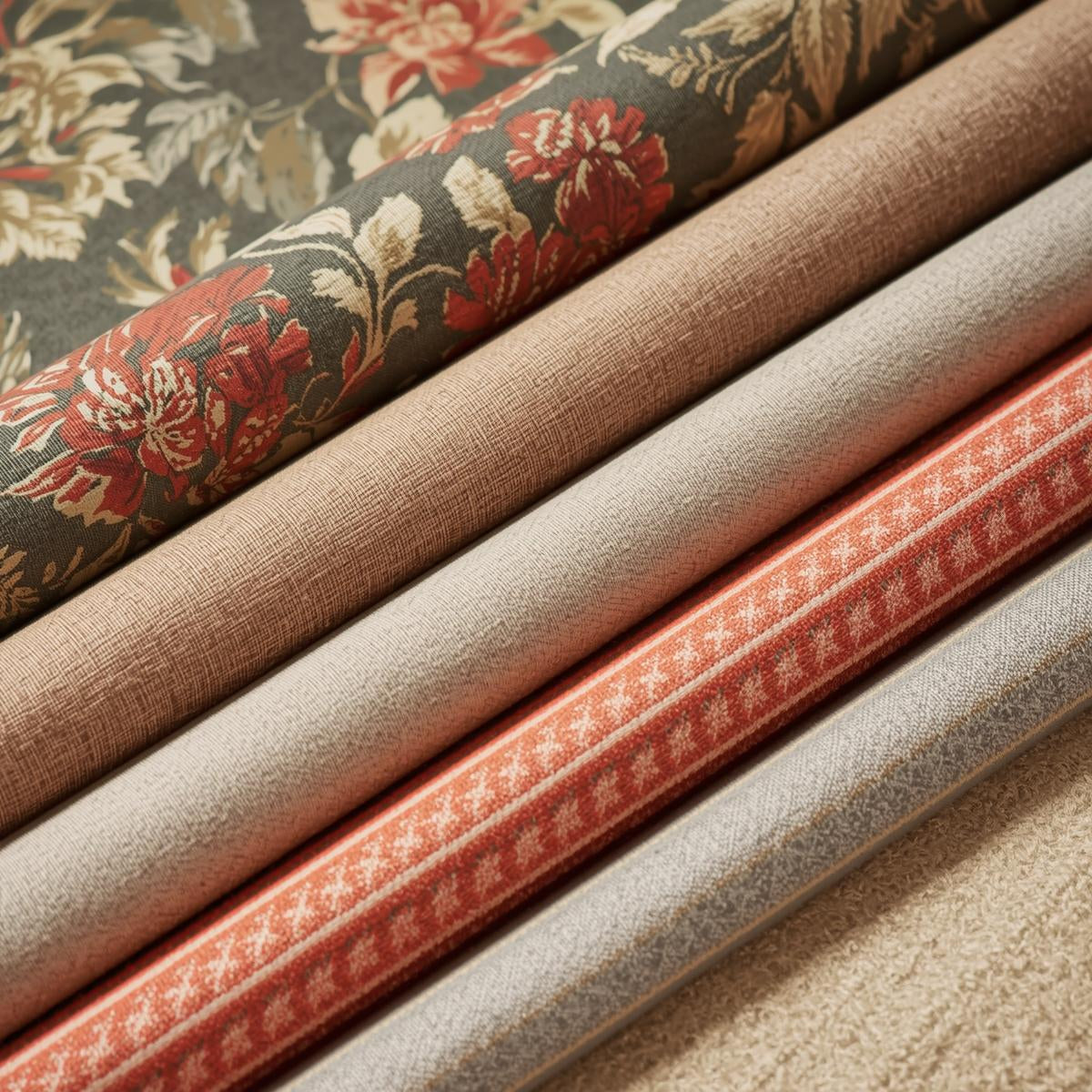 Close-up of diagonally stacked rolls of patterned upholstery fabric