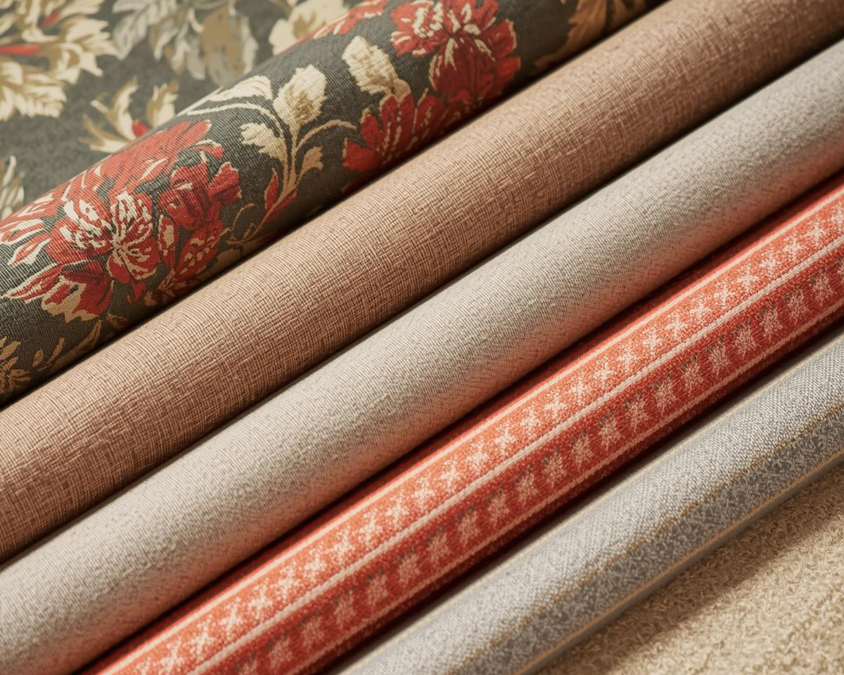 Close-up of diagonally stacked rolls of patterned upholstery fabric