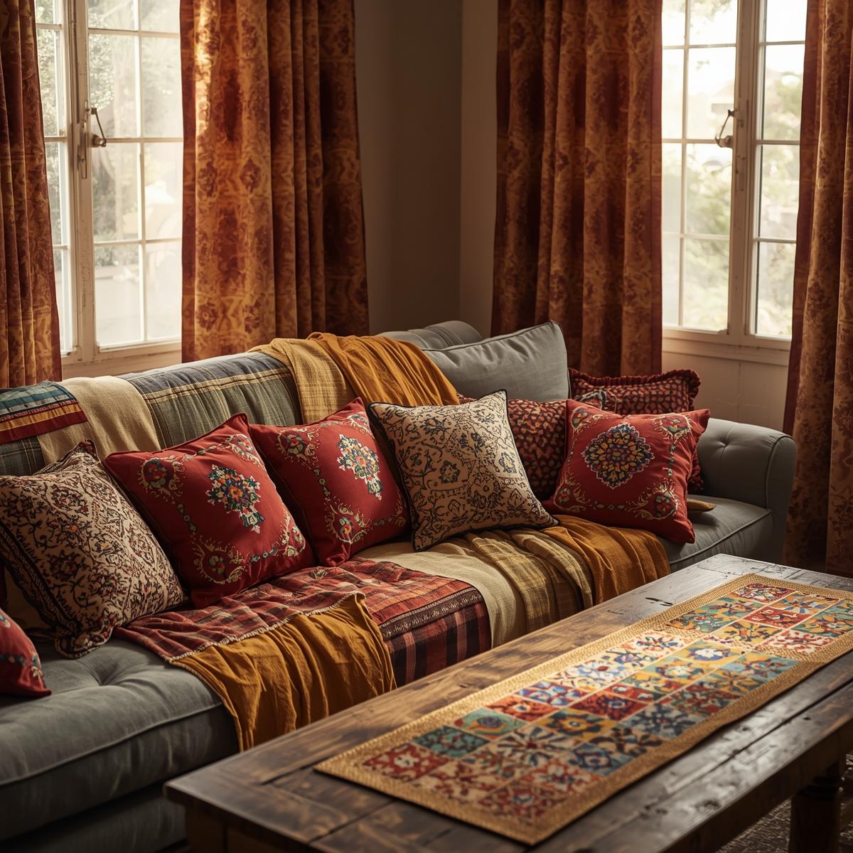 Cozy living room with colorful block-printed pillows, patterned quilts, and vibrant curtains creating a warm, inviting atmosphere.