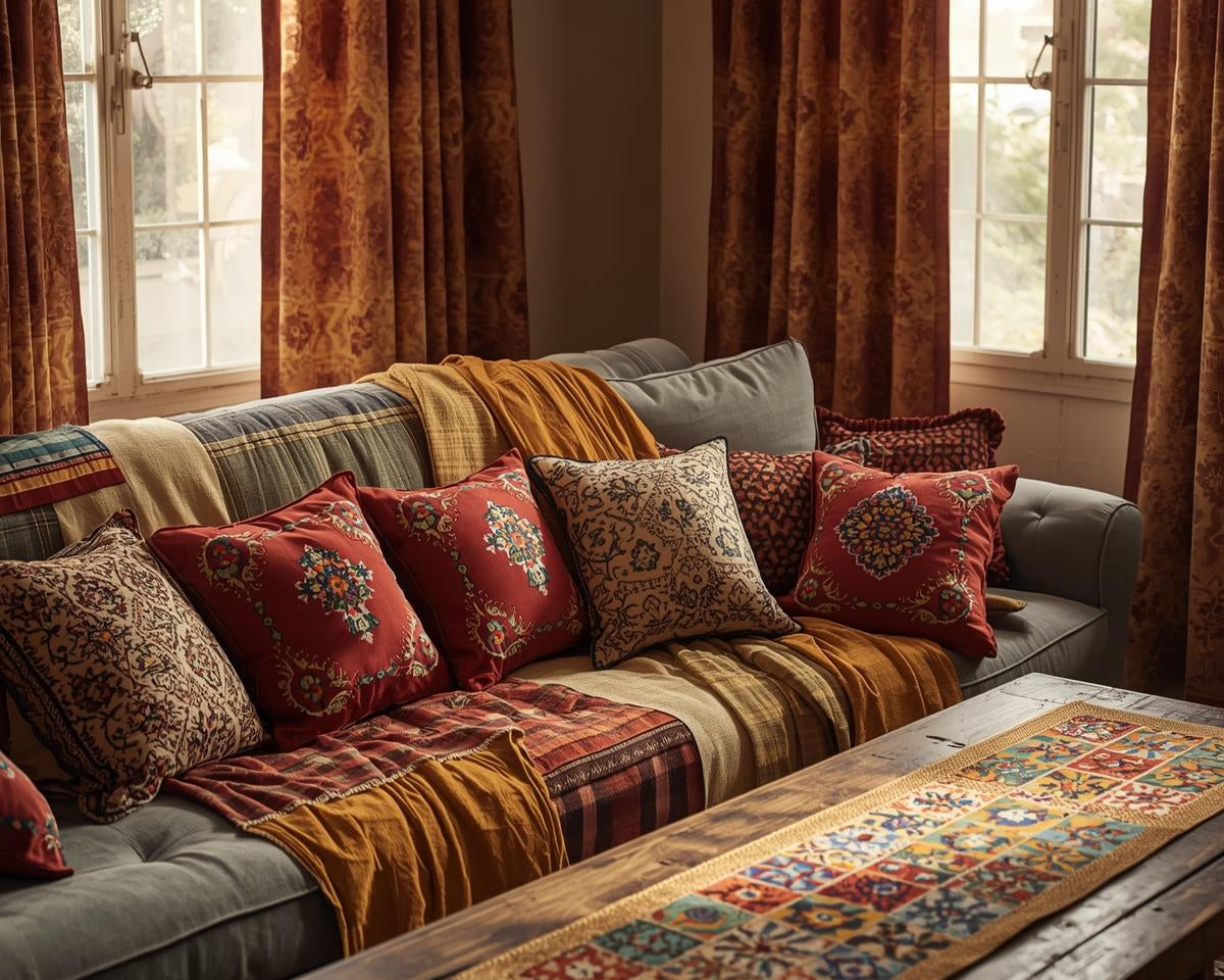 Cozy living room with colorful block-printed pillows, patterned quilts, and vibrant curtains creating a warm, inviting atmosphere.