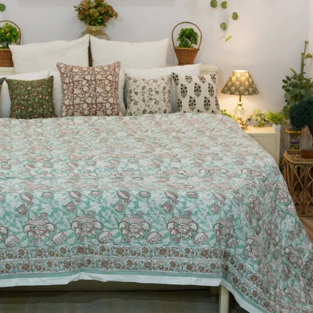 Block print room decor styled with linen cushions, curtains, and table runners showcasing intricate hand-printed designs.
