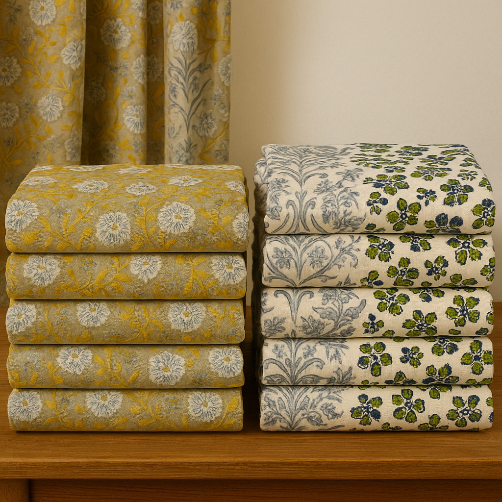 Stacked bundles of block print linen fabric in floral patterns, neatly arranged on a wooden shelf with matching curtain backdrop