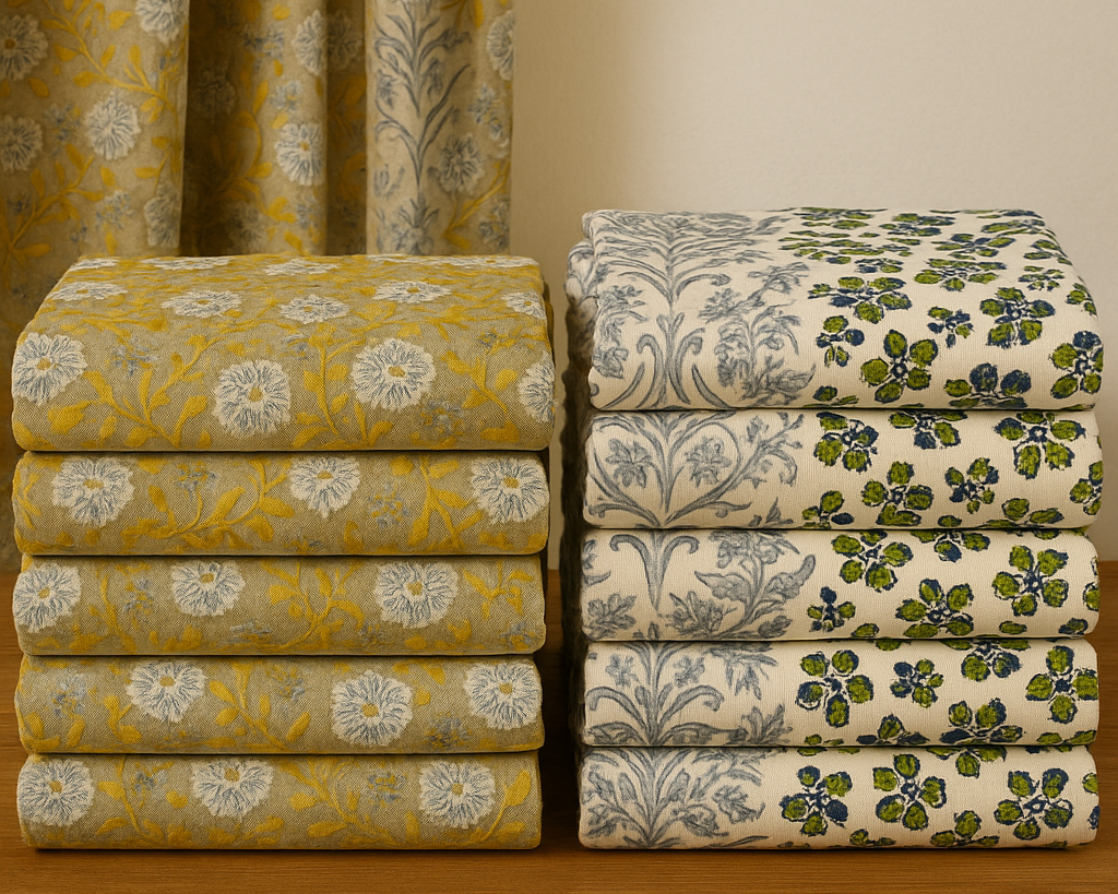 Stacked bundles of block print linen fabric in floral patterns, neatly arranged on a wooden shelf with matching curtain backdrop