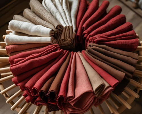 Elegant red linen fabric draped across a wooden table, showcasing its soft texture and rich color.