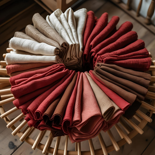 Elegant red linen fabric draped across a wooden table, showcasing its soft texture and rich color.