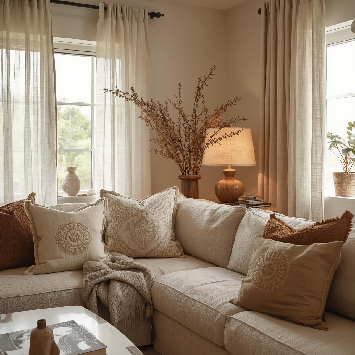 Stylish eco-friendly home decor showcasing canvas textiles in pillows, curtains, and lampshades, emphasizing durability, texture, and modern minimalist design.