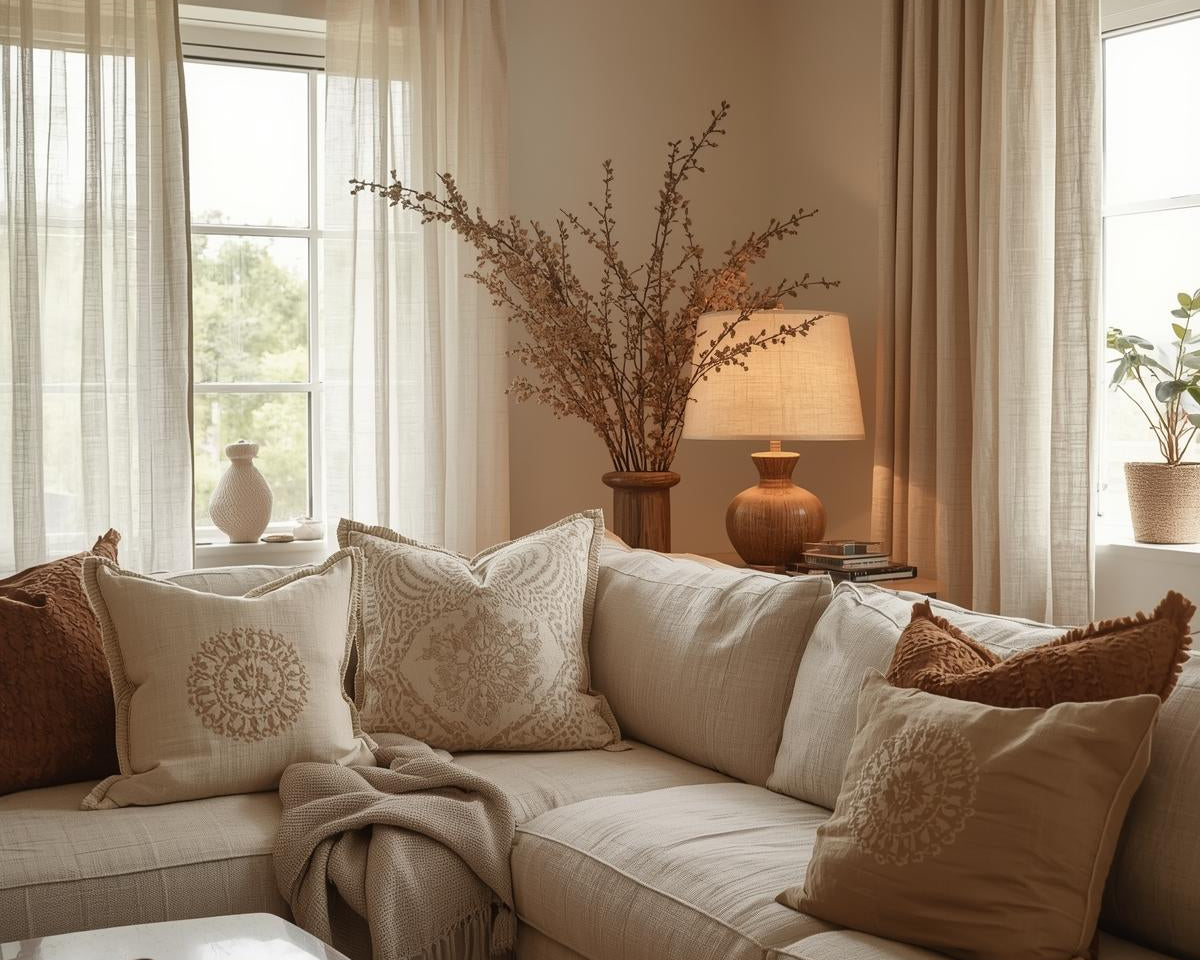 Stylish eco-friendly home decor showcasing canvas textiles in pillows, curtains, and lampshades, emphasizing durability, texture, and modern minimalist design.