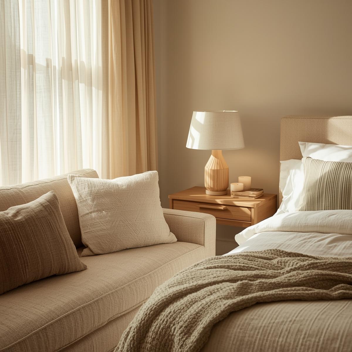bedroom and living space with a beige linen sofa, earthy-toned linen cushions, layered white linen bedding