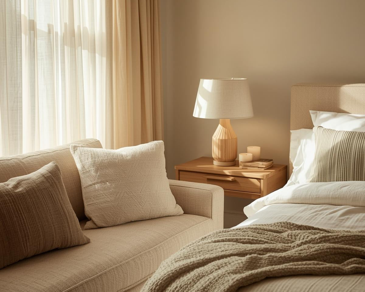 bedroom and living space with a beige linen sofa, earthy-toned linen cushions, layered white linen bedding
