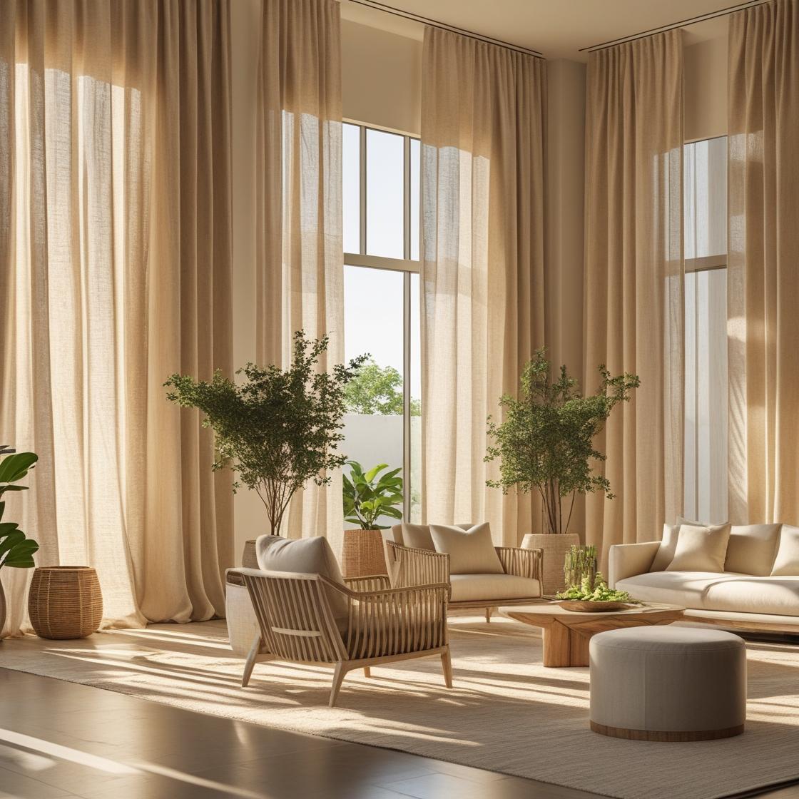 Elegant beige linen blend drapes in a sunlit modern living room with organic textures and designer furniture.