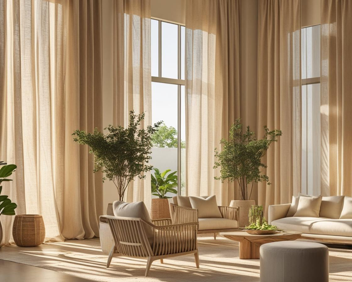 Elegant beige linen blend drapes in a sunlit modern living room with organic textures and designer furniture.