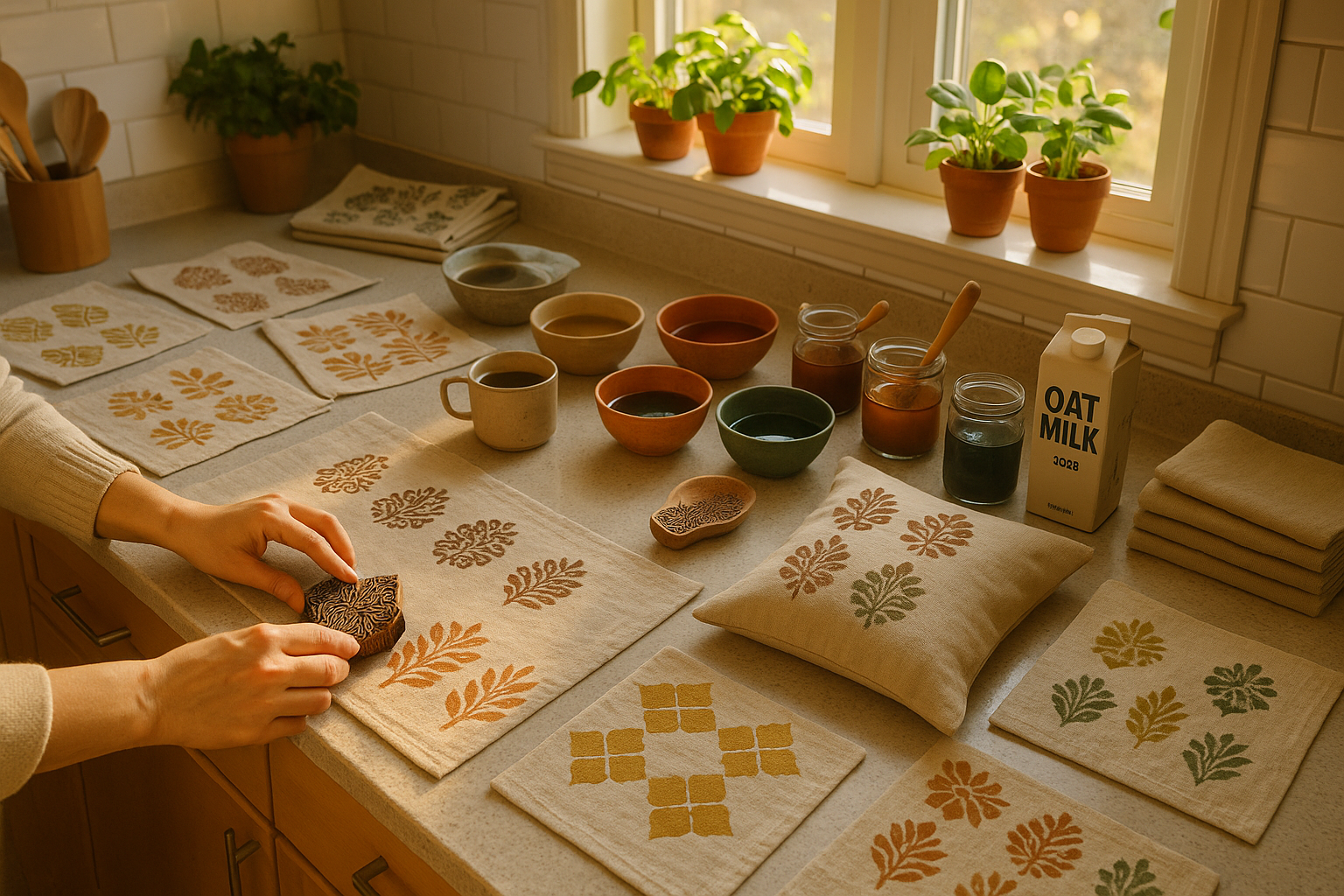 modern 2025 American kitchen turned into a creative DIY textile printing studio.