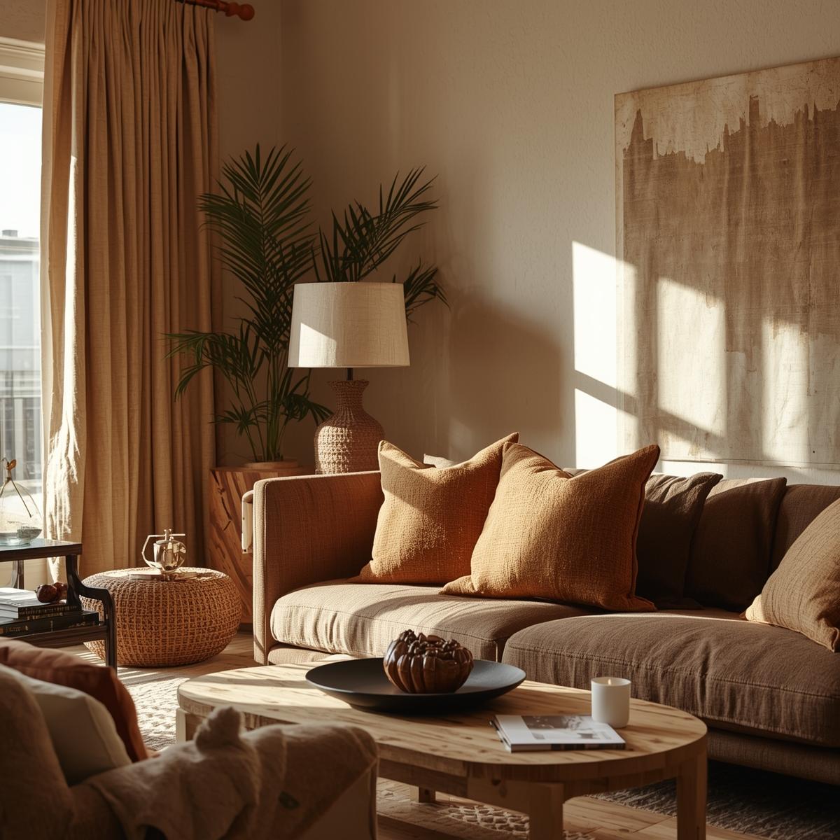 Modern living room with brown duck cloth pillows, curtains, and lampshades in earthy tones.