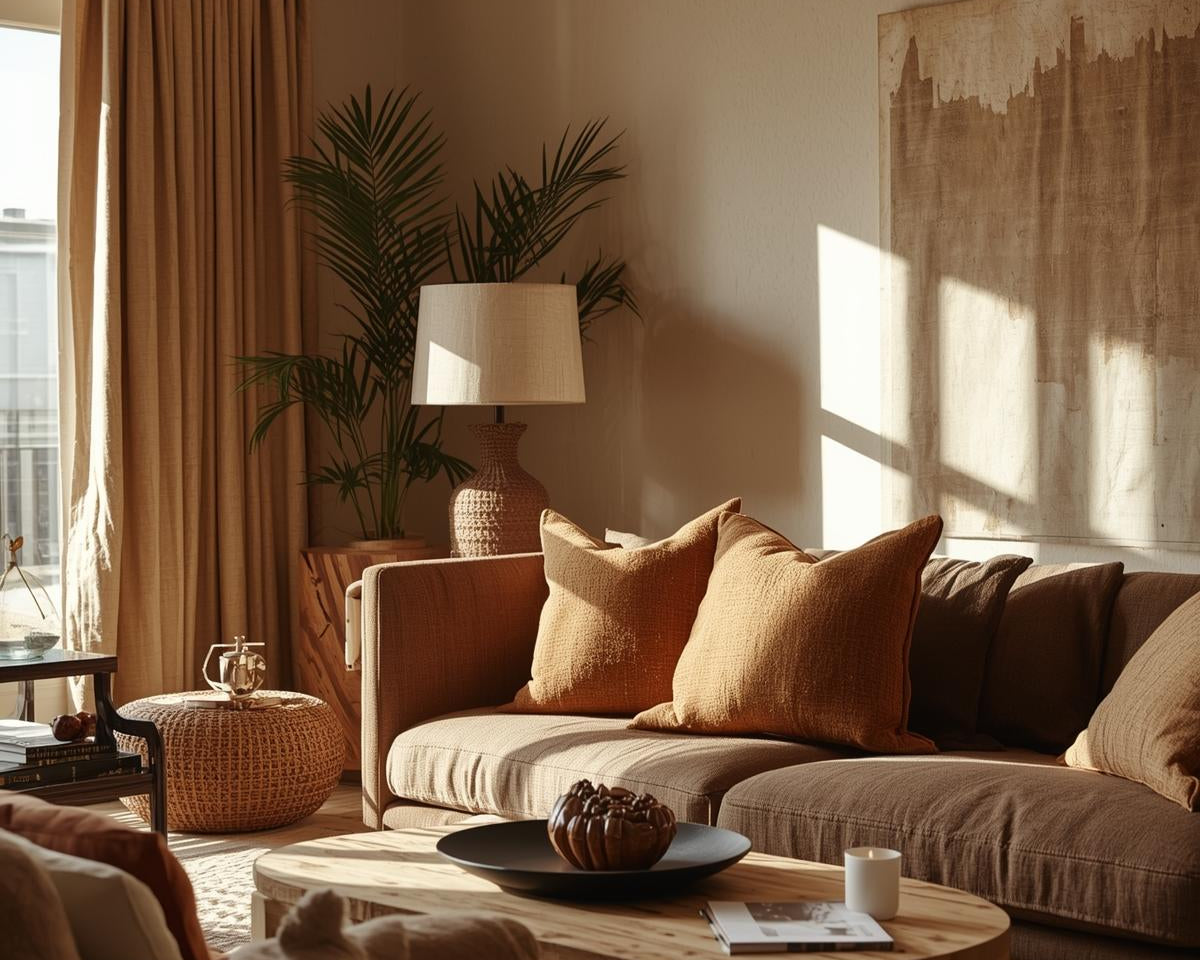 Modern living room with brown duck cloth pillows, curtains, and lampshades in earthy tones.