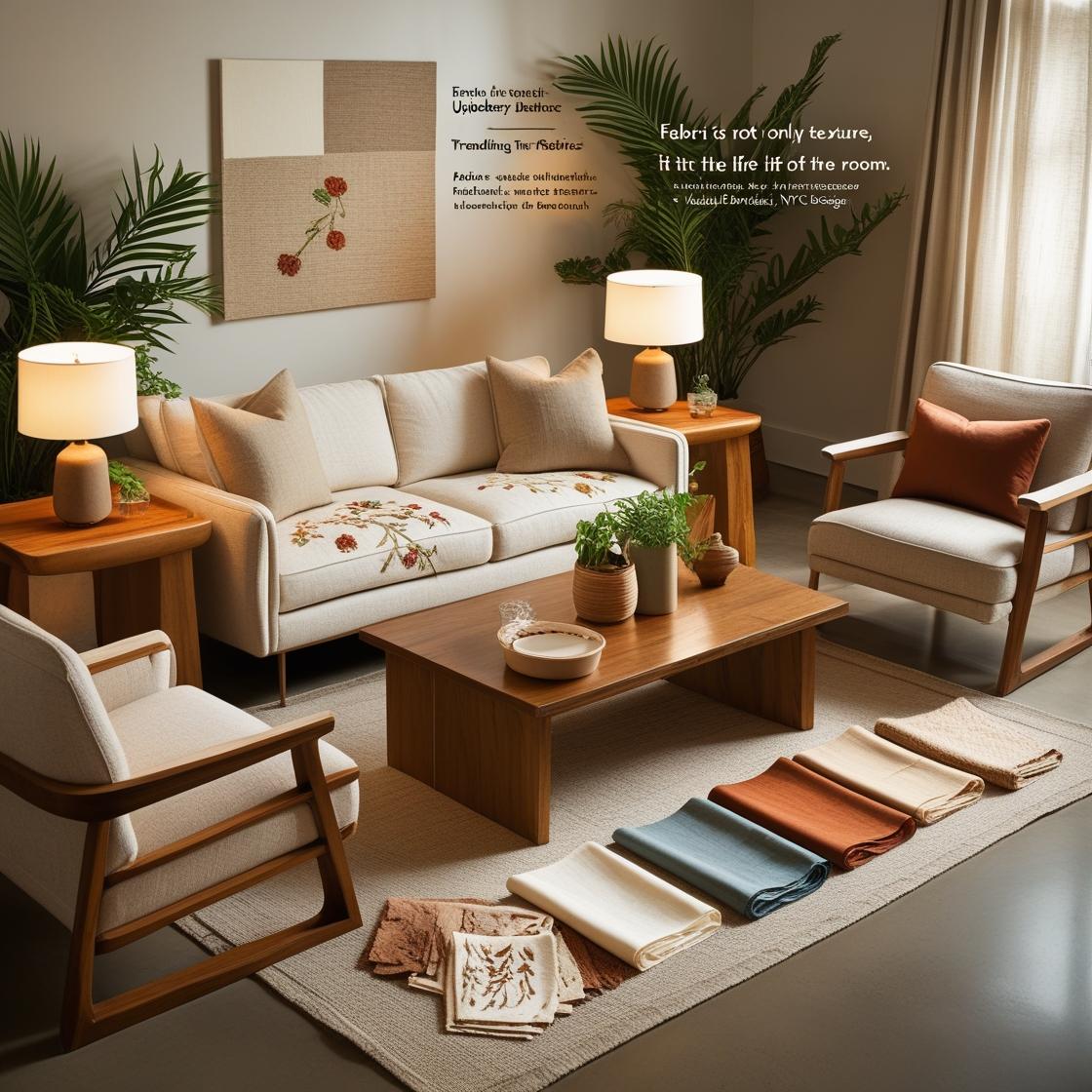 stylish and contemporary 2025 American living room showcasing trending upholstery fabrics.