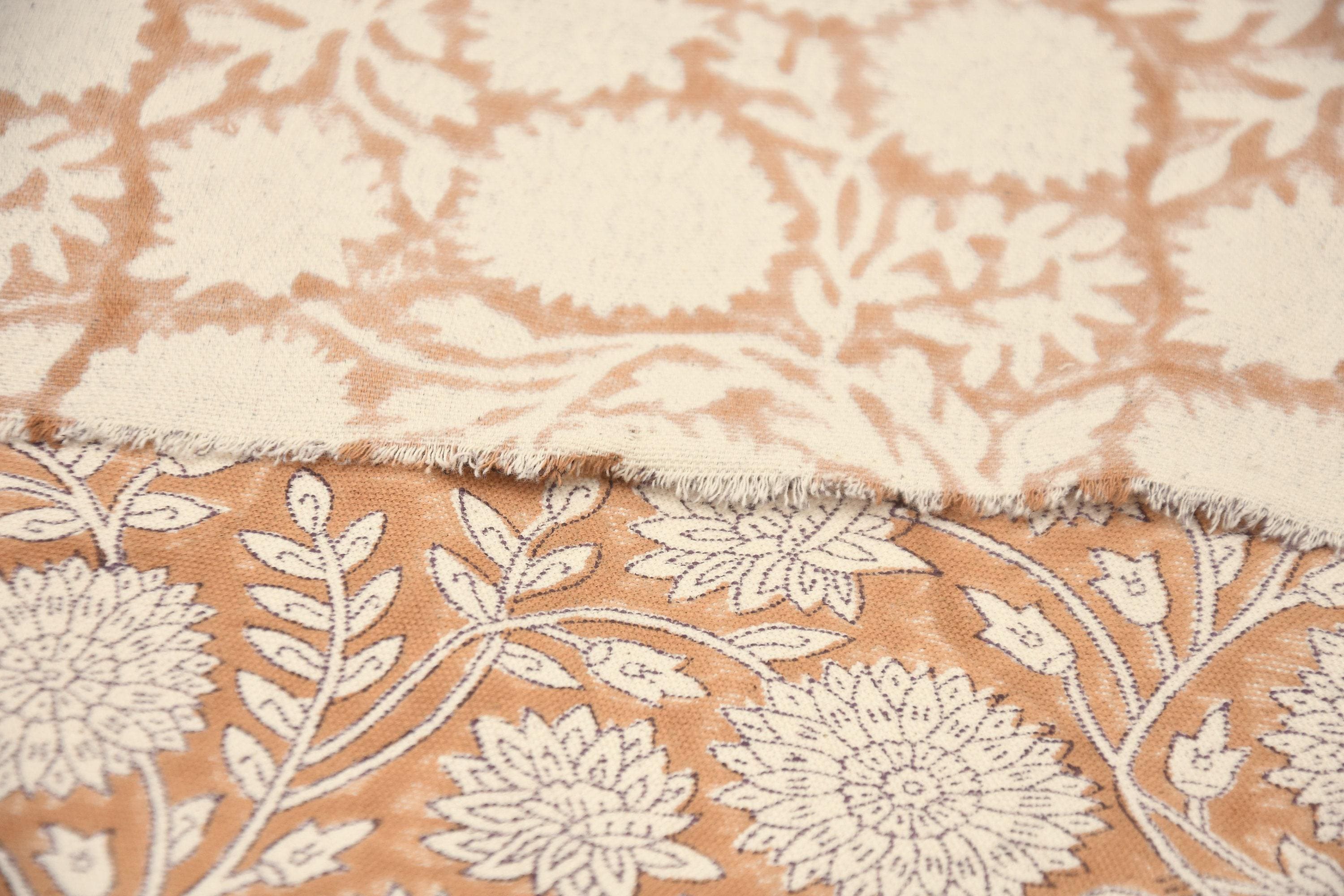 Block Printed Duck Canvas Fabric in Mediumweight Material in Bronze and Beige Floral for Window Curtains - RAJAT