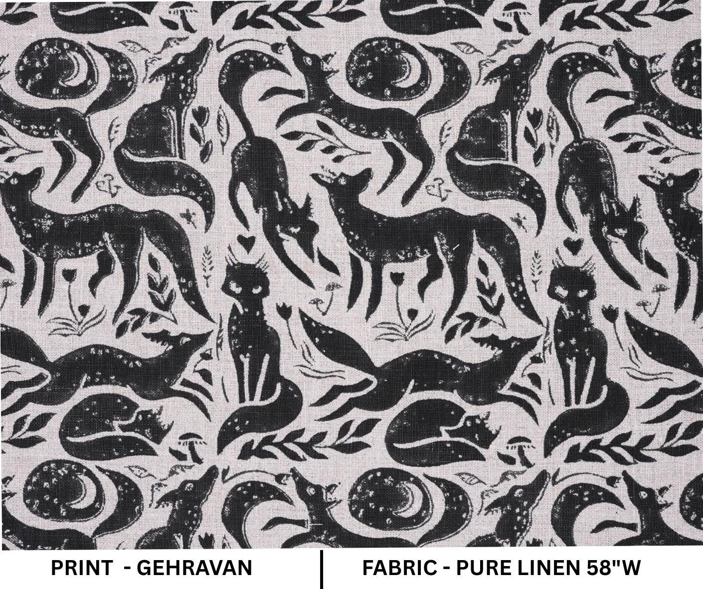 Indian Handmade Black Gehravan Print Textile Fabric on Pure Linen for Upholstery