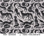 Indian Handmade Black Gehravan Print Textile Fabric on Pure Linen for Upholstery