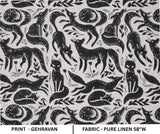 Indian Handmade Black Gehravan Print Textile Fabric on Pure Linen for Upholstery