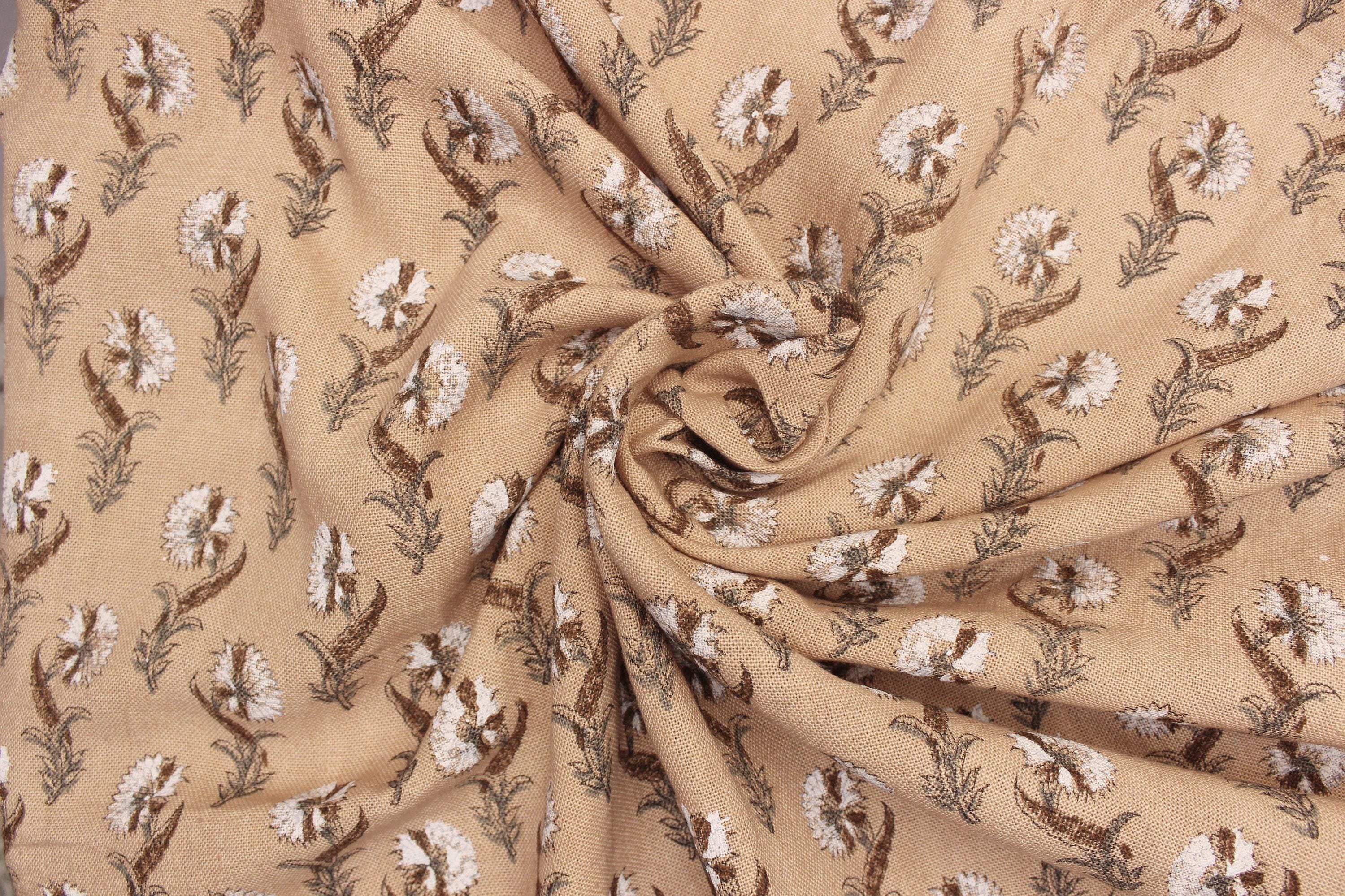 Hand Block Printed Brown and Dark Vanilla Floral Throw Pre Dip Fabric for Farmhouse Decor - Daffodil