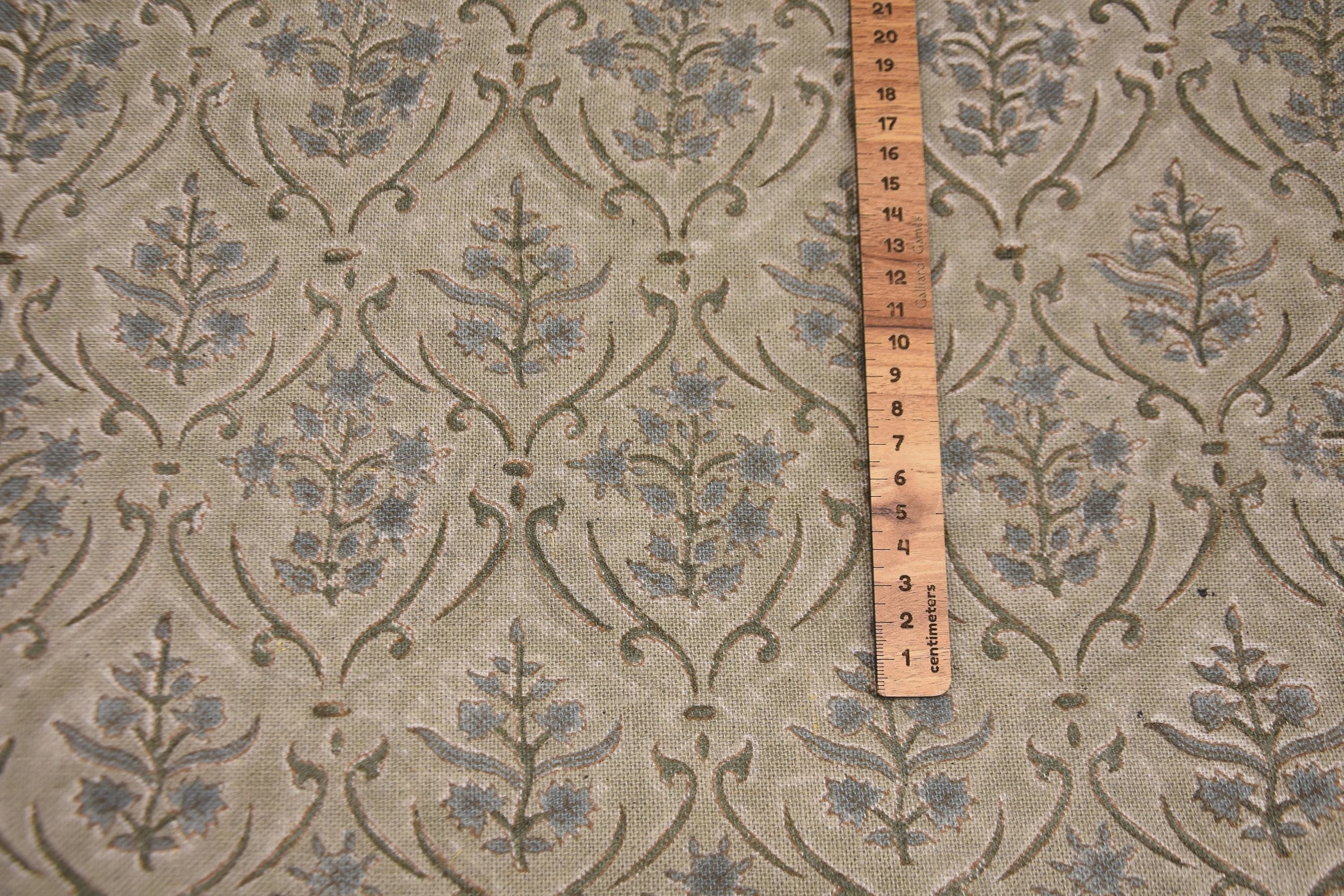 Linen Block Print Fabric 58 Inch Width Heavy Linen Natural Base Color Curtains and Drapes Upholstery Pillow Covers Tablecloths and Runners Bedding Tote Bag by Fabritual