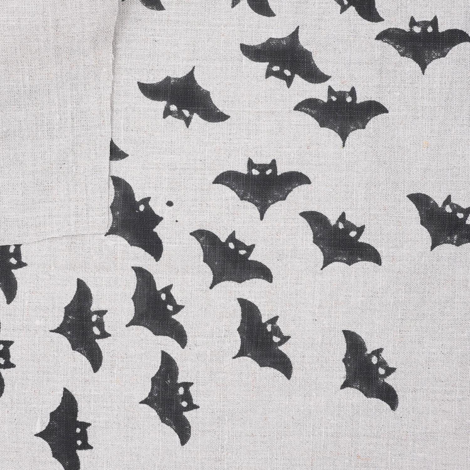 Handmade Art Wooden Block Black Bat Print Pure Linen Table Cover Fabric for Living Room Decor