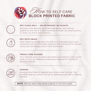 The image is a block printed fabric care guide that provides instructions on how to properly care for the fabric.