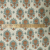 Block Printed 100% Pure Linen Fabric in Bronze and Pastel Blue Floral for Curtains & Decorative Home - KUSUM