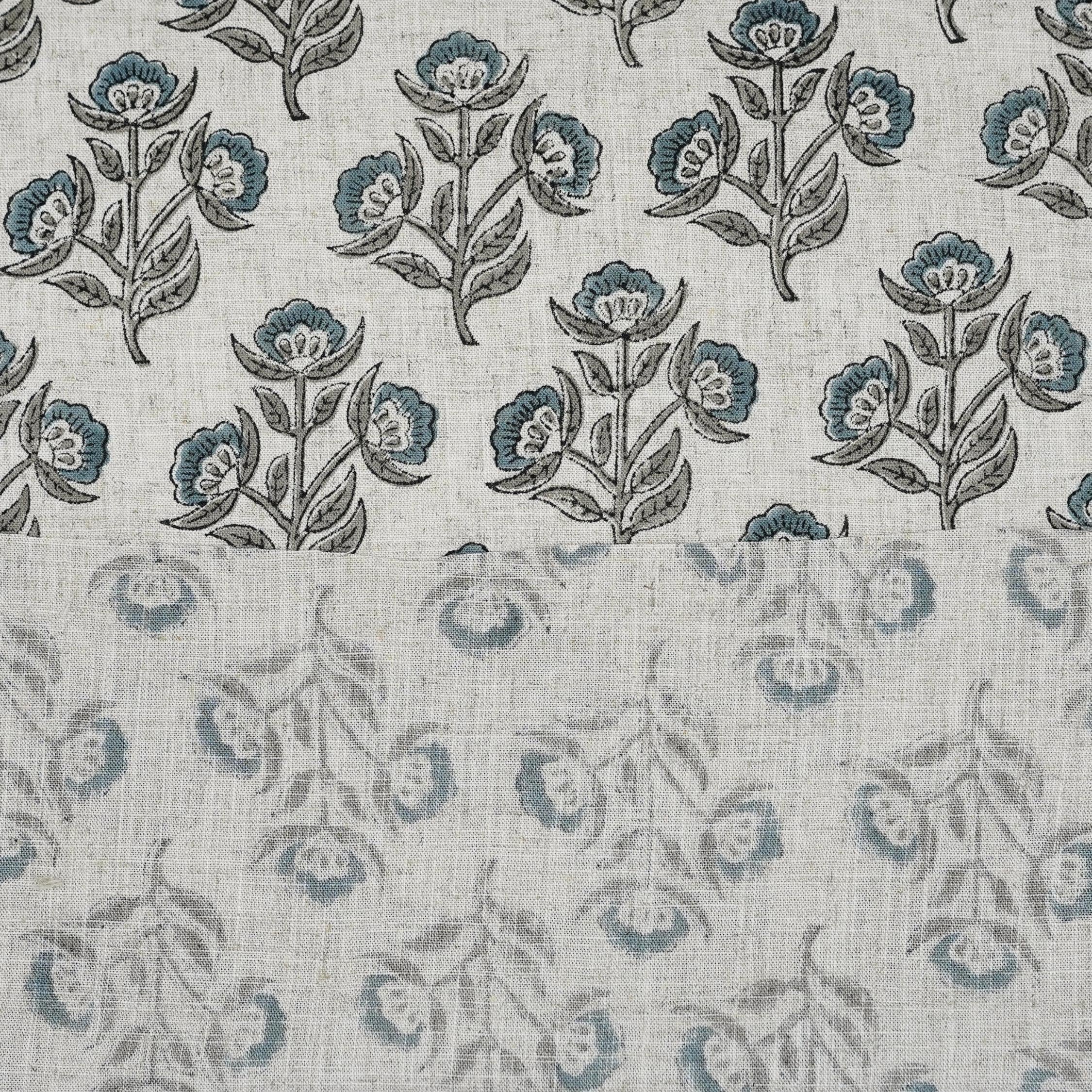 Handmade Art Viscose Linen Fabric for Roman Shade Decor with Bael Patra Print in Gray leaf