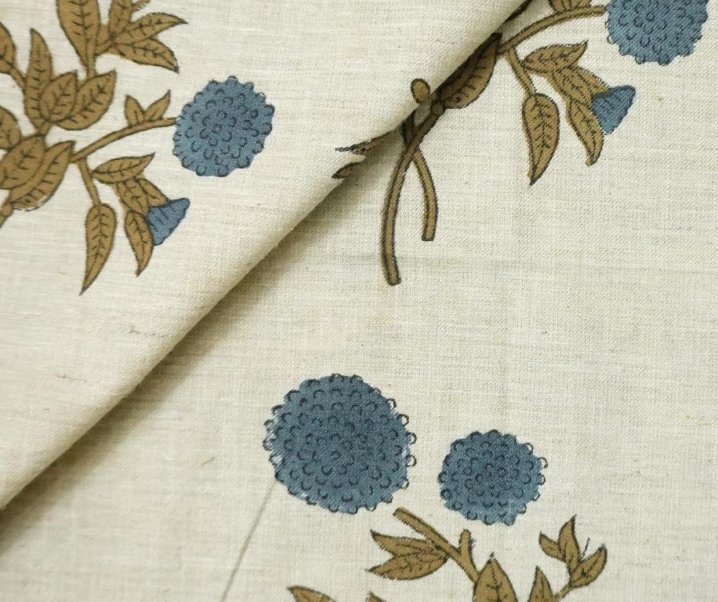 Linen Block Print Fabric Linen Blend 58 Inch Width Light Weight Linen Natural Base Color Curtains and Drapes Upholstery Handmade Art Pillow Covers Tablecloths and Runners Bedding Tote Bag Lampshades Napkins by Fabritual