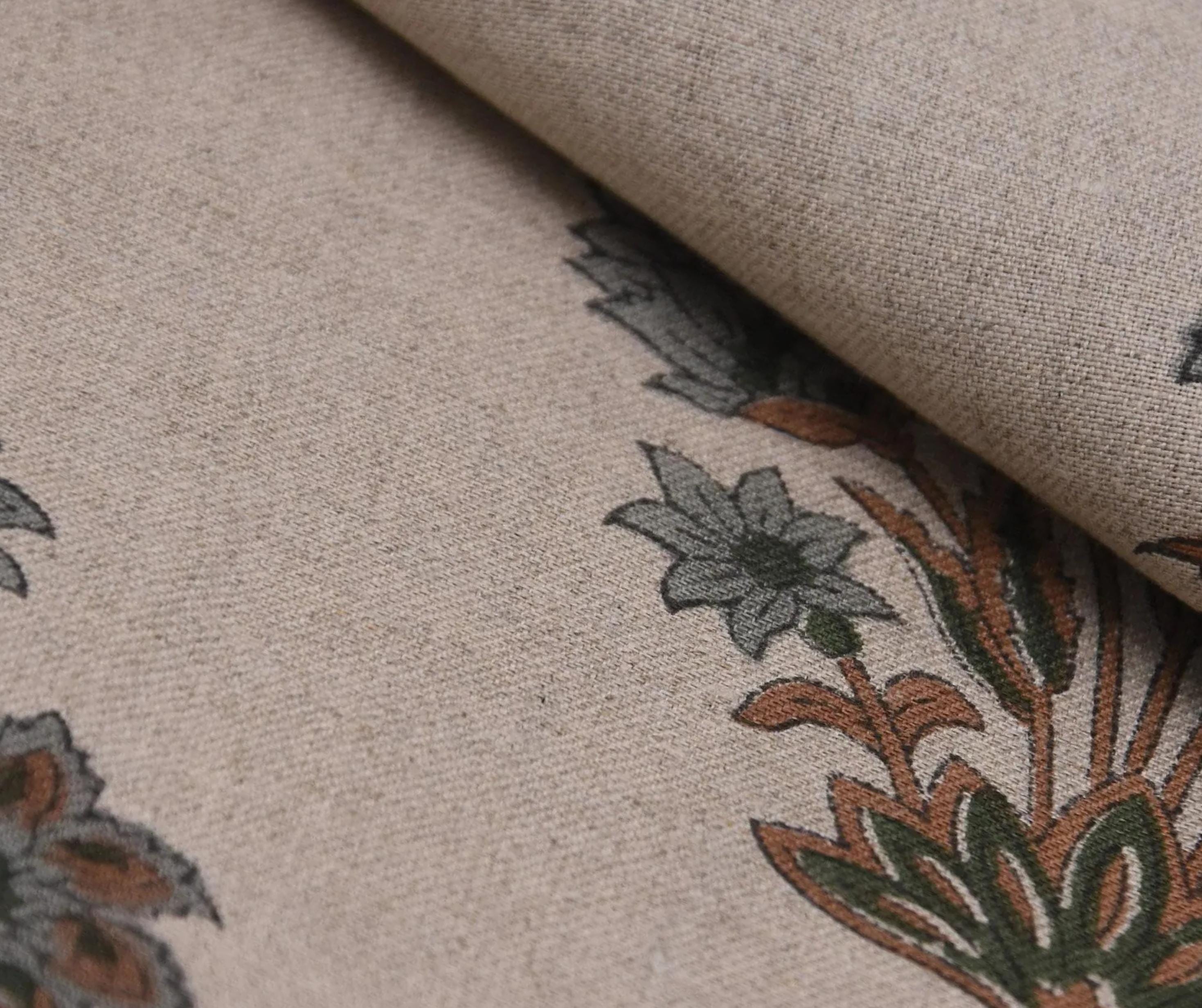 Linen Block Print Fabric 58 Inch Width Medium Weight Linen Natural Base Color Upholstery Handmade Art Pillow Covers Tablecloths and Runners Bedding Tote Bag Lampshades Napkins by Fabritual