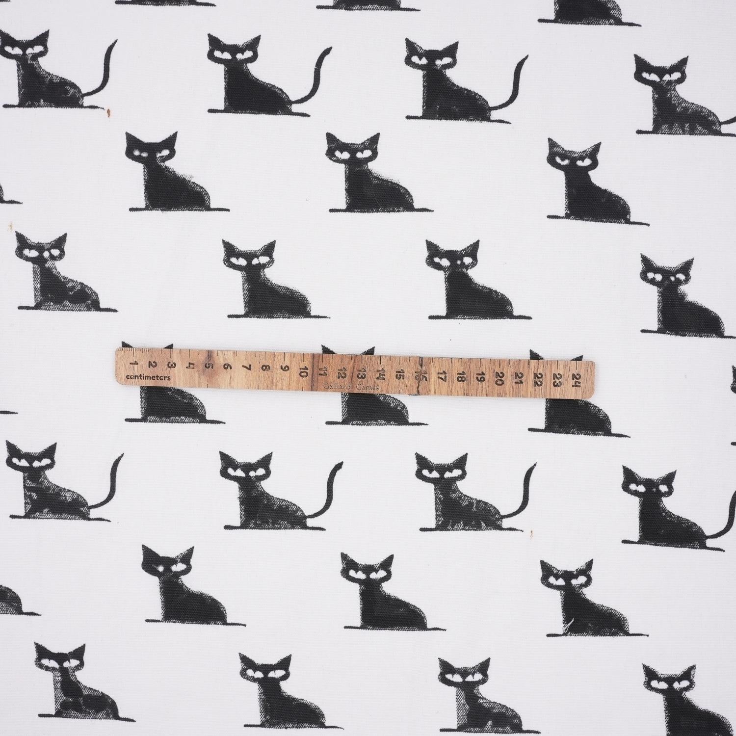 Handmade Black Cat Block Printed Throw Thick Cotton White Fabric for Halloween Cushion Decor