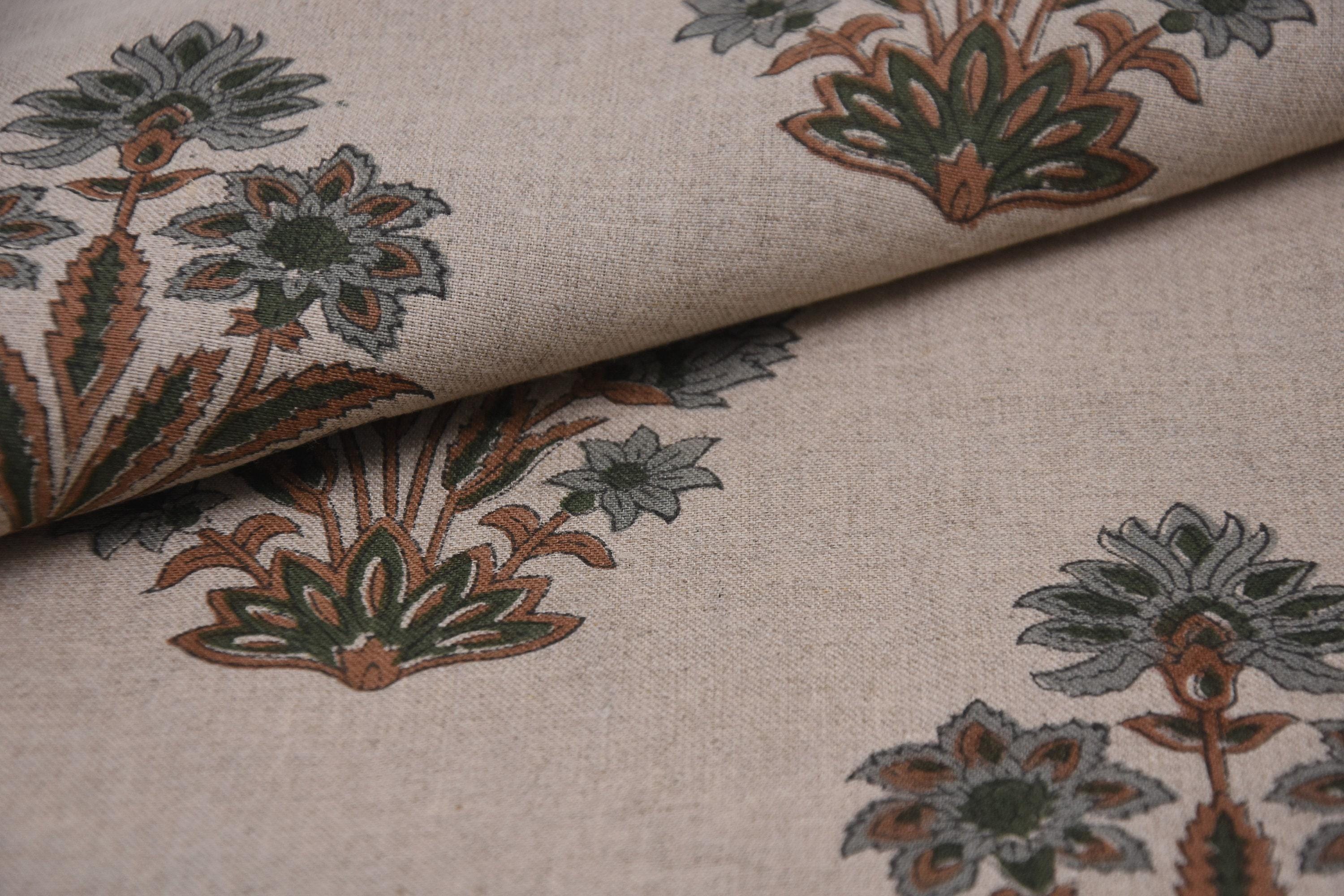 Linen Block Print Fabric 58 Inch Width Medium Weight Linen Natural Base Color Curtains and Drapes Upholstery Handmade Art Pillow Covers Tablecloths and Runners Bedding Tote Bag Lampshades by Fabritual