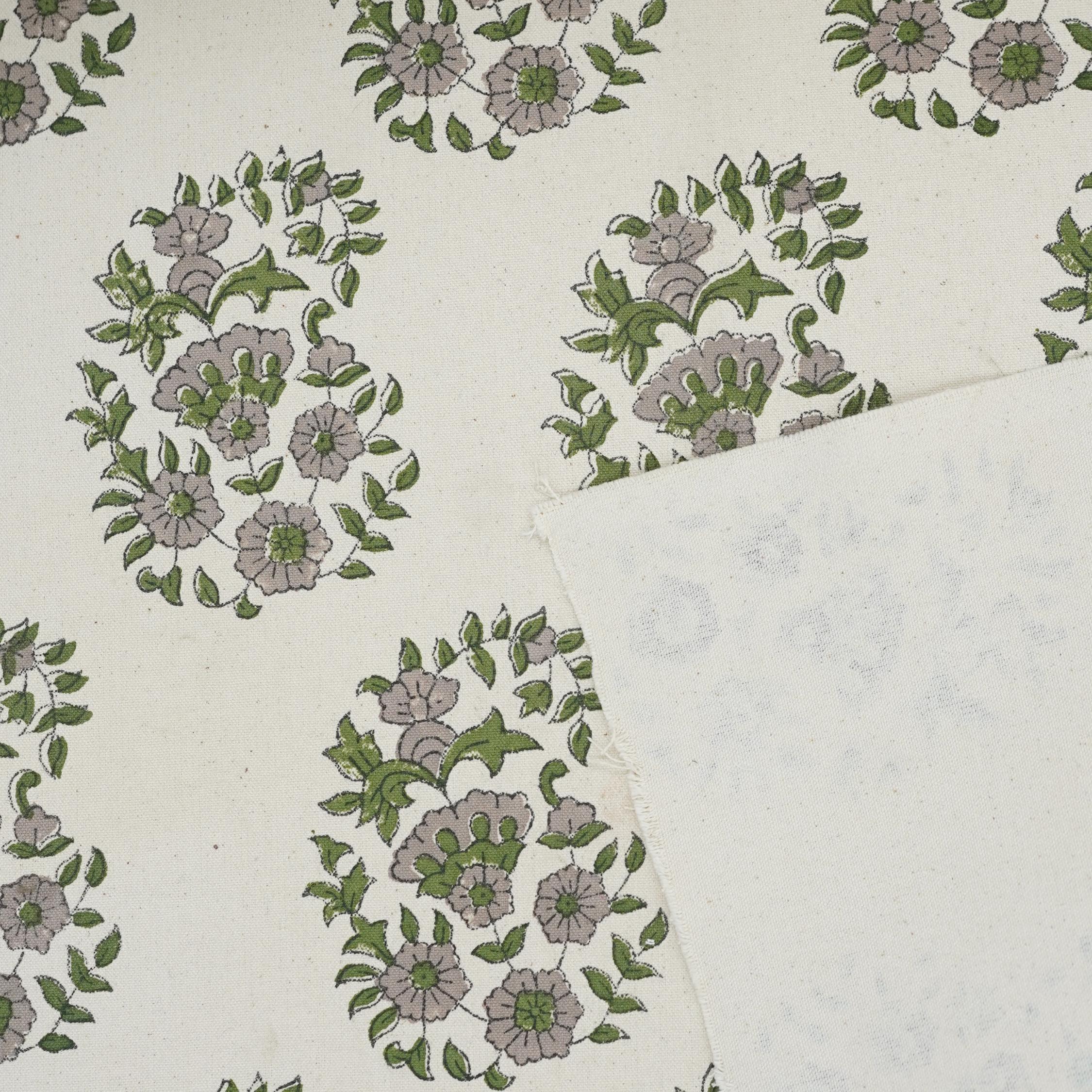 Hand-Stamped Block Printed Beige and Green Floral Duck Canvas Fabric for Curtains & Window Treatments – ANARKALI