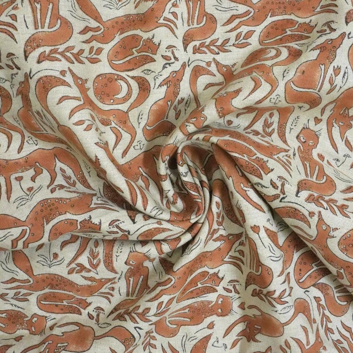 Handcrafted Indian Block Printed Premium Pure Linen Brown and Pastel Gray Animal 58" Wide Fabric – Gehravan
