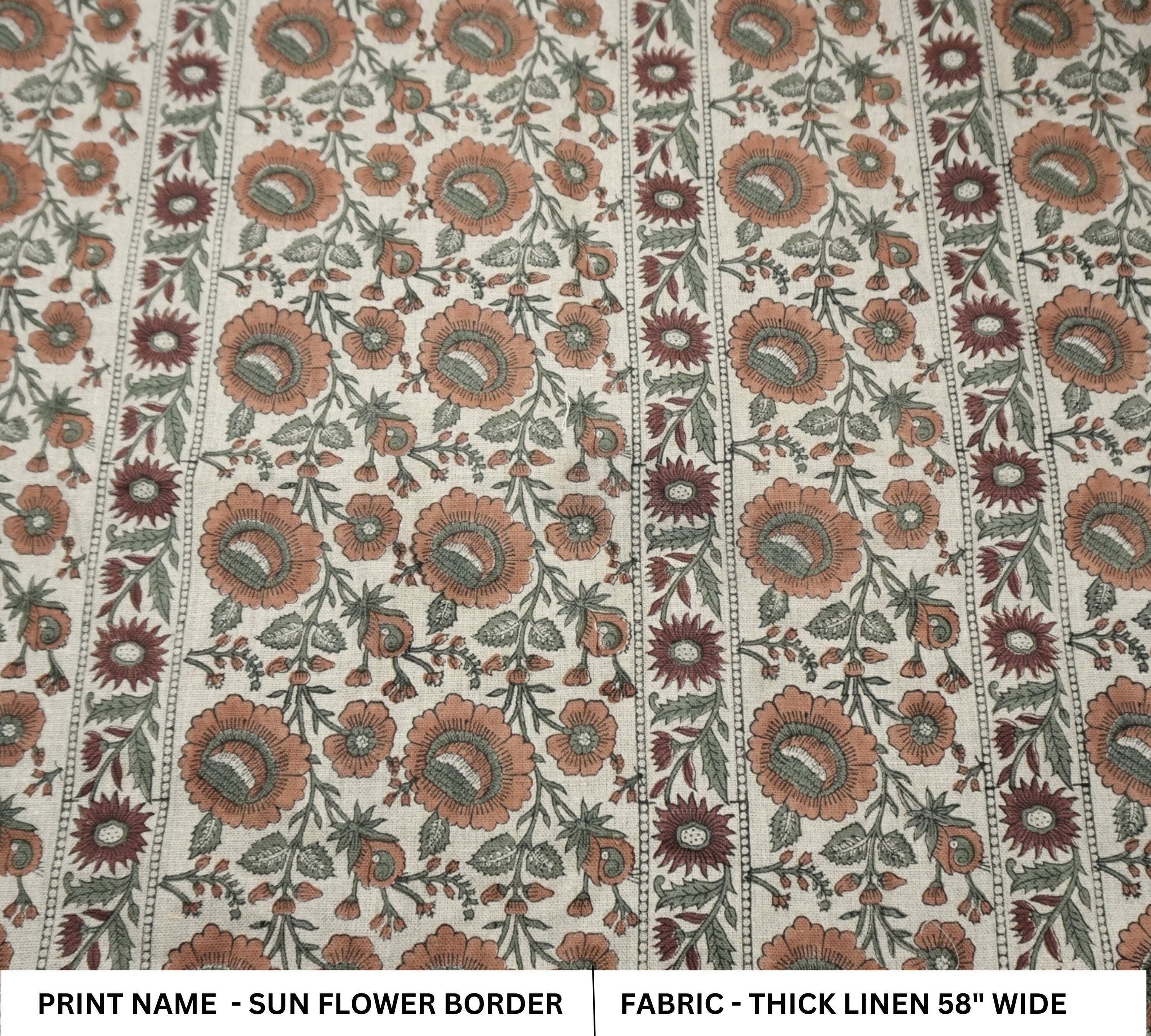 Linen Block Print Fabric 58 Inch Width Heavy Weight Linen Natural Base Color Curtains and Drapes Upholstery Handmade Art Pillow Covers Tablecloths and Runners Bedding Tote Bag Lampshades Napkins by Fabritual