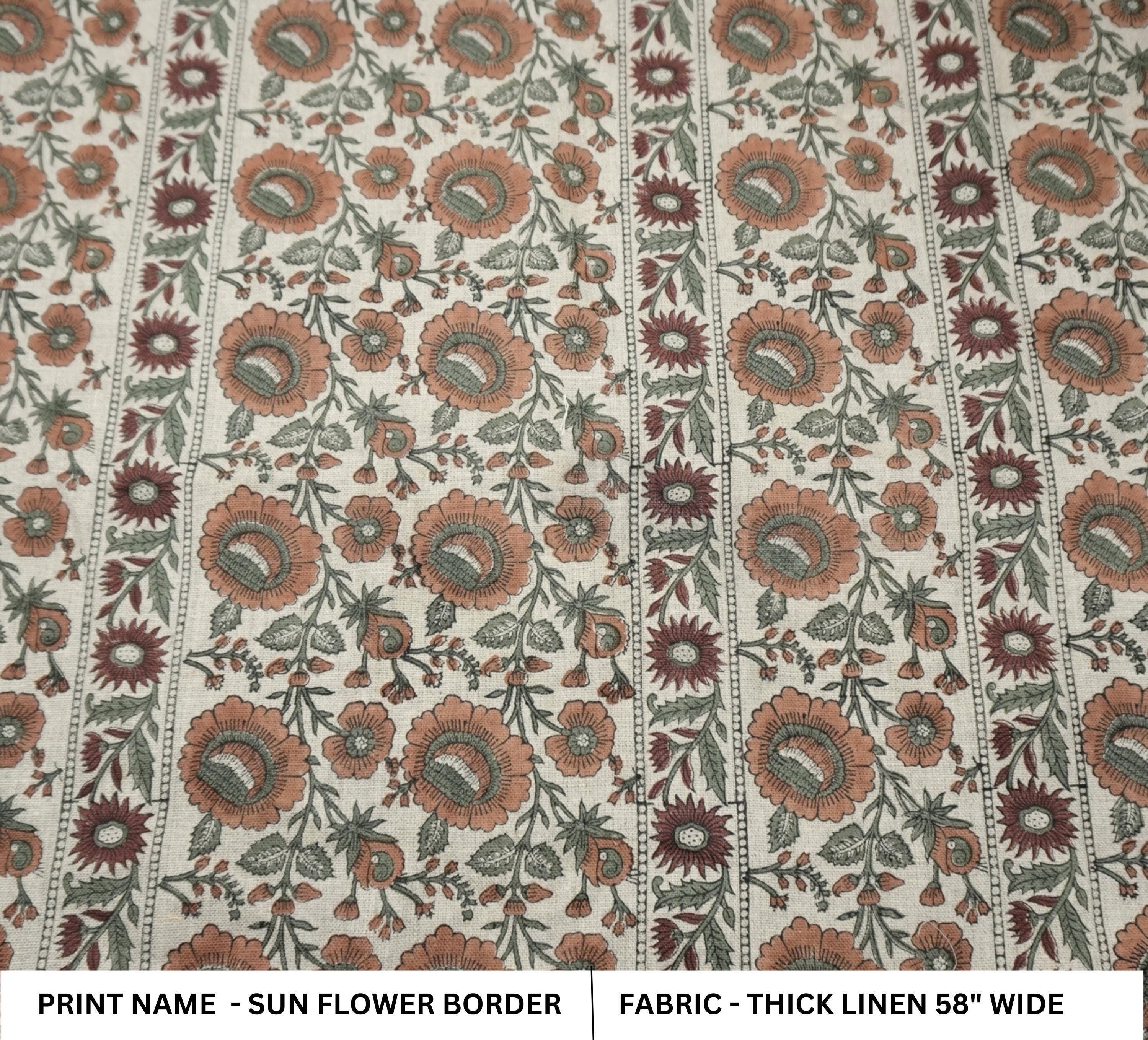 Linen Block Print Fabric 58 Inch Width Heavy Weight Linen Natural Base Color Curtains and Drapes Upholstery Handmade Art Pillow Covers Tablecloths and Runners Bedding Tote Bag Lampshades Napkins by Fabritual