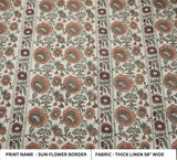 Indian Block Printed Thick Linen Brown and Gray Fabric Sunflower Border Design for Tablecloths