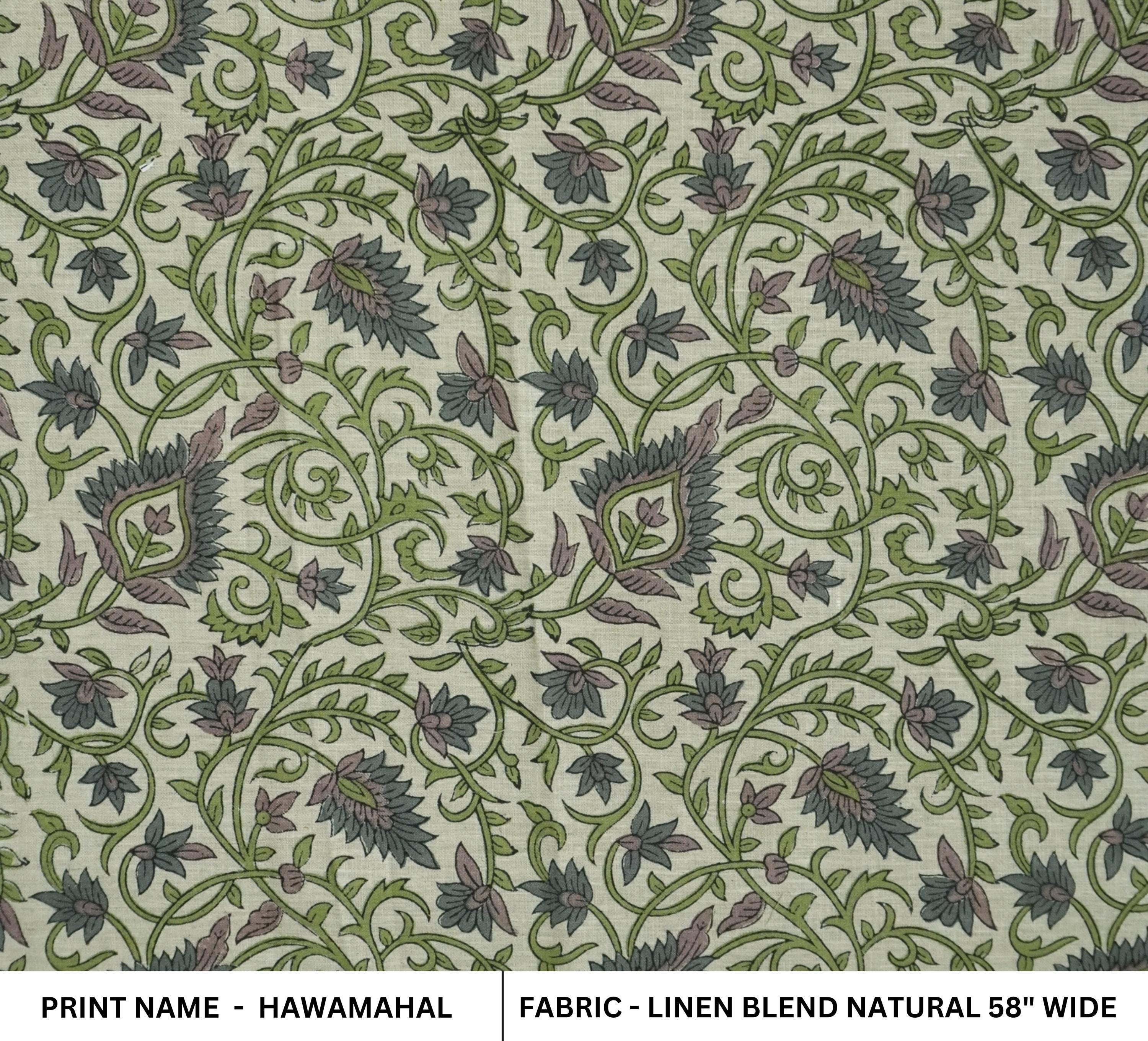 LINEN BLEND NATURAL HAND BLOCK PRINT FABRIC FOR CUSHION PILLOW AND DRAPERY LINENS - HAWAMAHAL